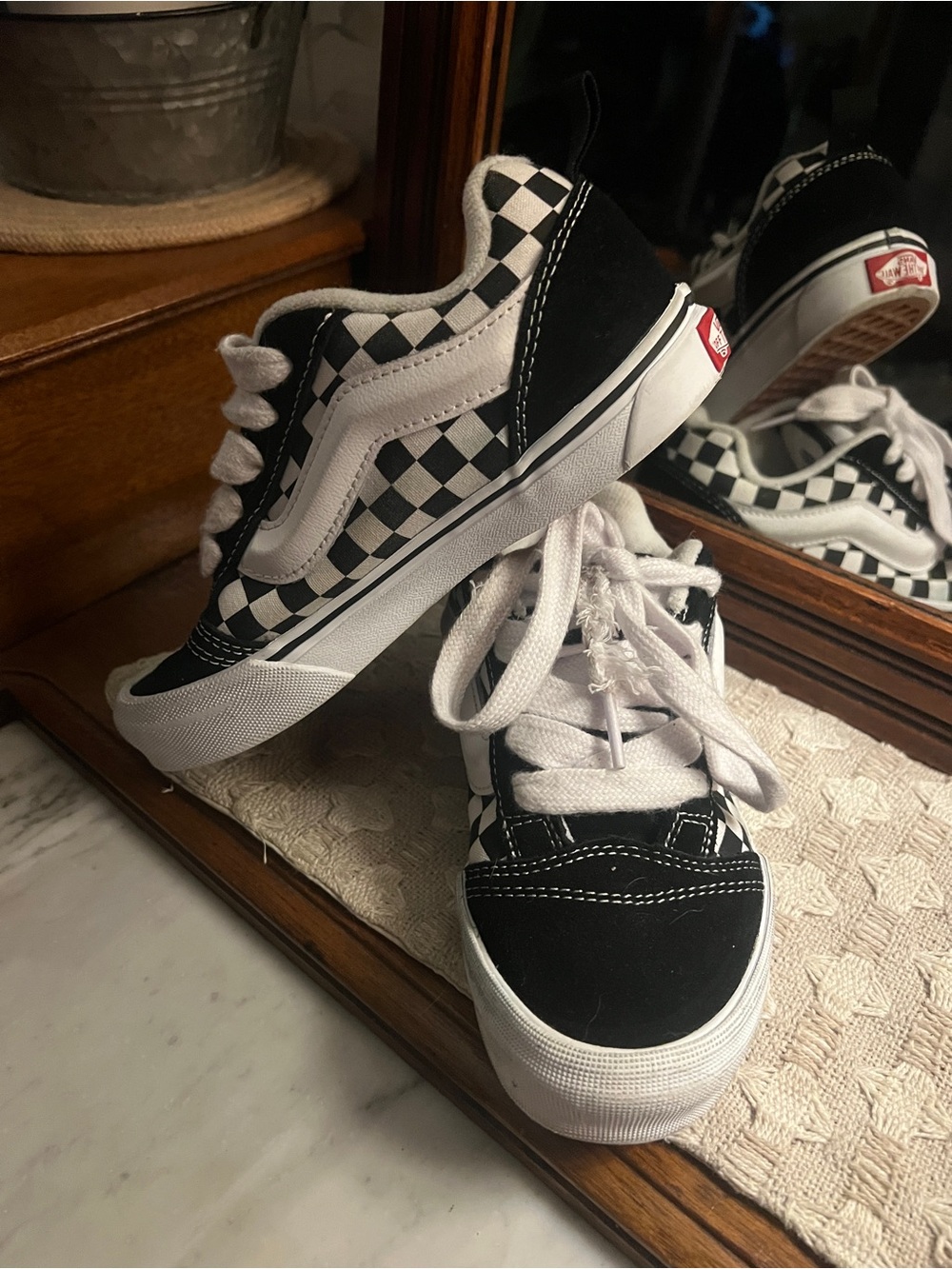 VANS Knu Skool Athletic Skateboard Checkerboard Sneakers Black White Kid's 2.5